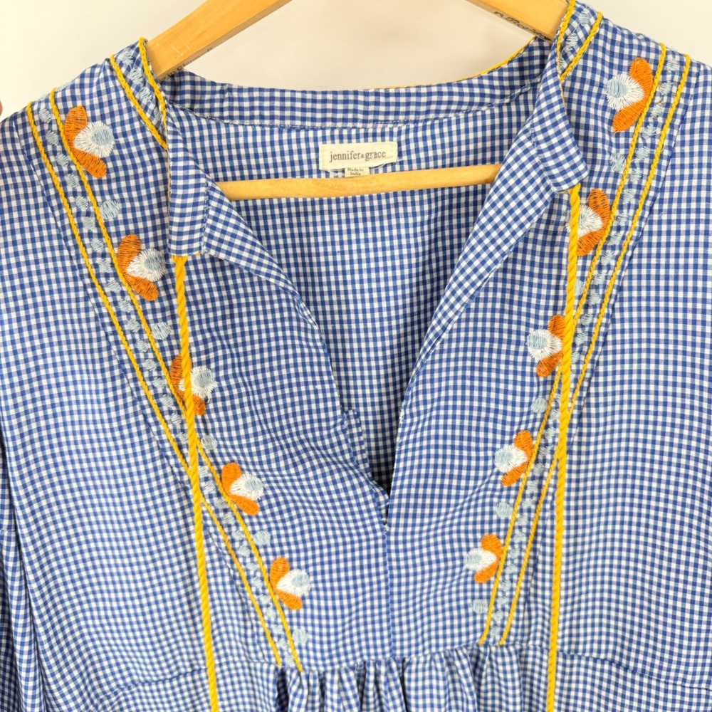 Jennifer + Grace Blue Gingham Embroidered Tassel Boho Top White Small Peasant - Picture 3 of 10